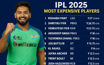 Rishabh Pant celebrating after being bought by Lucknow Super Giants for ₹27 crore in IPL 2025 auction, alongside a chart of the top 10 most expensive players.