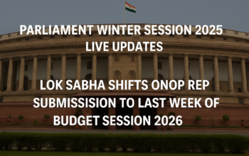 Indian Parliament building with headline announcing the deferment of the Lok Sabha ONOP report to the last week of Budget Session 2026.