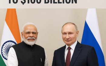 Indian Prime Minister Narendra Modi and Russian President Vladimir Putin shaking hands at the India-Russia 2025 Summit, with their national flags in the background.