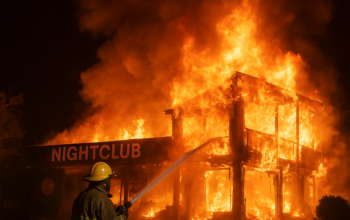 A firefighter sprays water on a burning nightclub as towering flames engulf the entire building during a major fire incident in Goa.