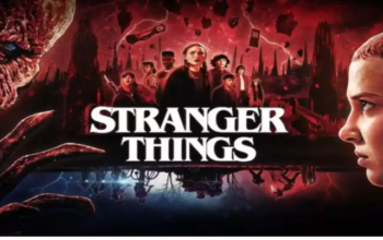 Stranger Things poster featuring Eleven and other characters with a dark red background, showing the Upside Down theme of the Netflix series.